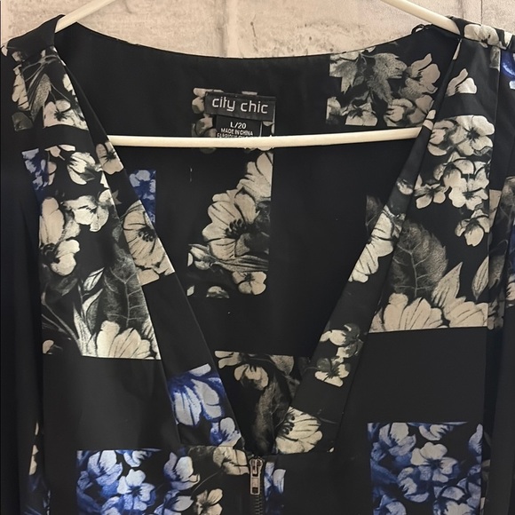 City Chic Size 20  Black Floral Front Zip Pleated Tunic Dress With Pockets - Picture 2 of 8